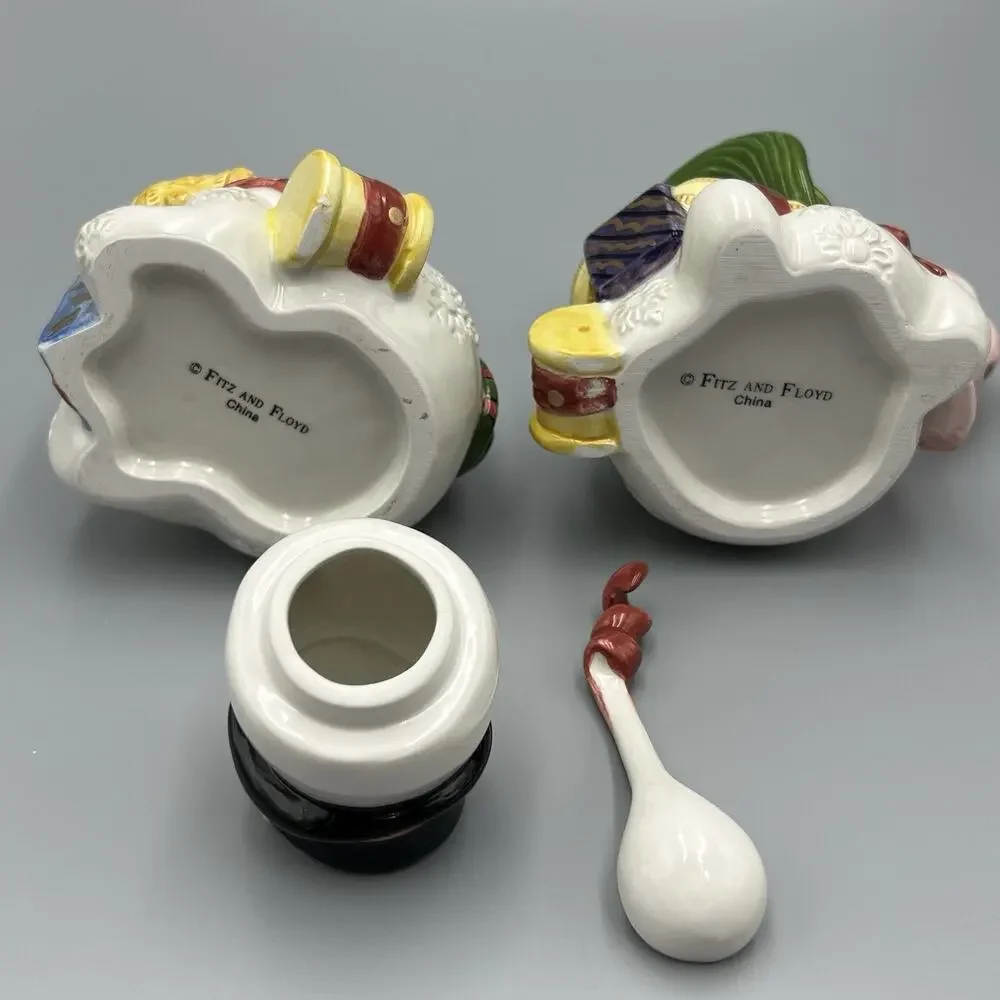 VTG Fitz & Floyd Frosty Folks Creamer Sugar‎ Spoon Set 90s Christmas Snowman